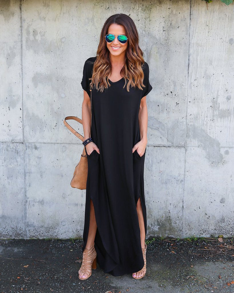 Summer Casual Maxi Dresses for Women- Women's V Neck Cap Sleeve Long Sundress with Pockets Beach Vacation