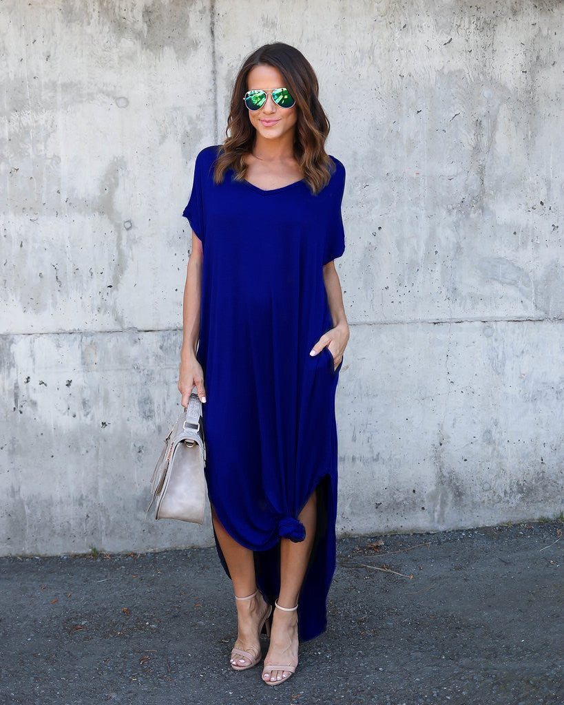 Summer Casual Maxi Dresses for Women- Women's V Neck Cap Sleeve Long Sundress with Pockets Beach Vacation
