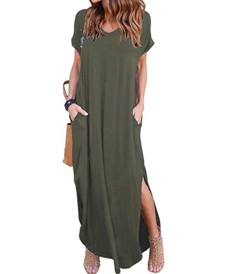 Summer Casual Maxi Dresses for Women- Women's V Neck Cap Sleeve Long Sundress with Pockets Beach Vacation