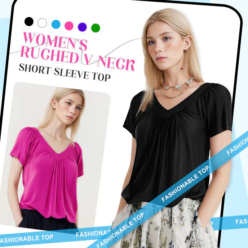 🎁LAST DAY SALE £10.99🔥Summer Hot Sale 50% OFF⏳Women's Casual Pleated V-Neck Short-Sleeve Top