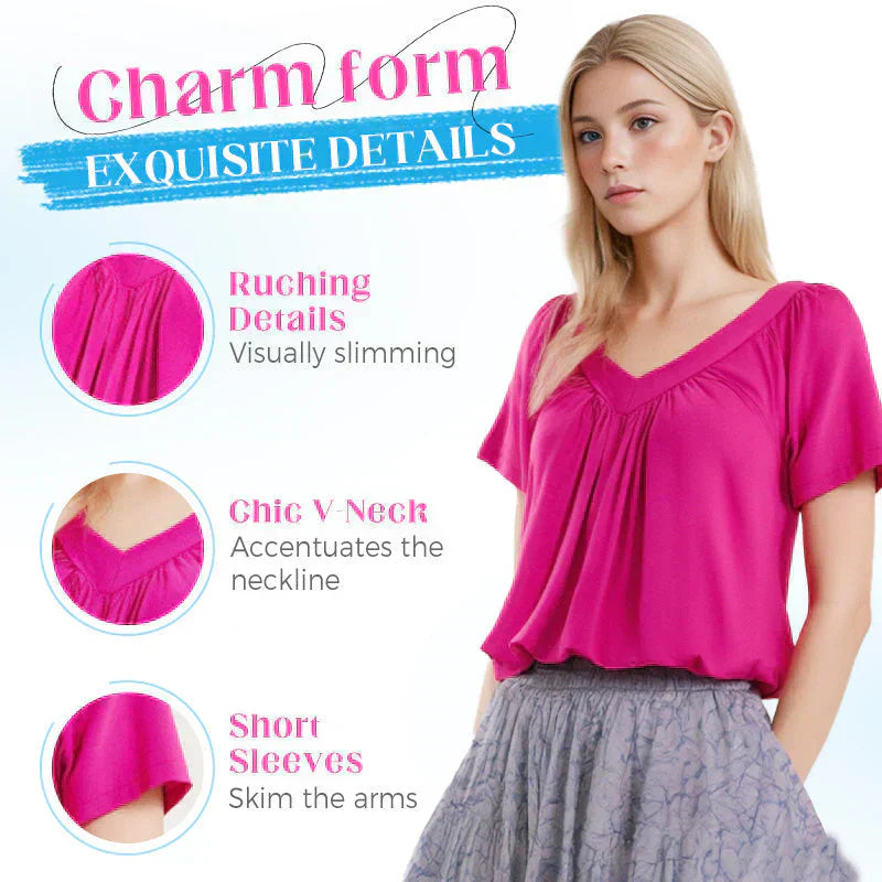🎁LAST DAY SALE £10.99🔥Summer Hot Sale 50% OFF⏳Women's Casual Pleated V-Neck Short-Sleeve Top