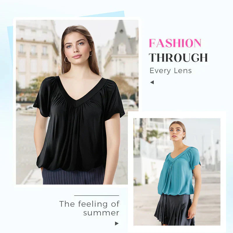 🎁LAST DAY SALE £10.99🔥Summer Hot Sale 50% OFF⏳Women's Casual Pleated V-Neck Short-Sleeve Top