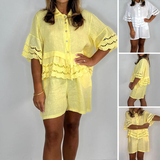 Women's Solid 3/4 Sleeves Turn-Down Collar Top with Lace Detailing & Shorts 2-Piece Set
