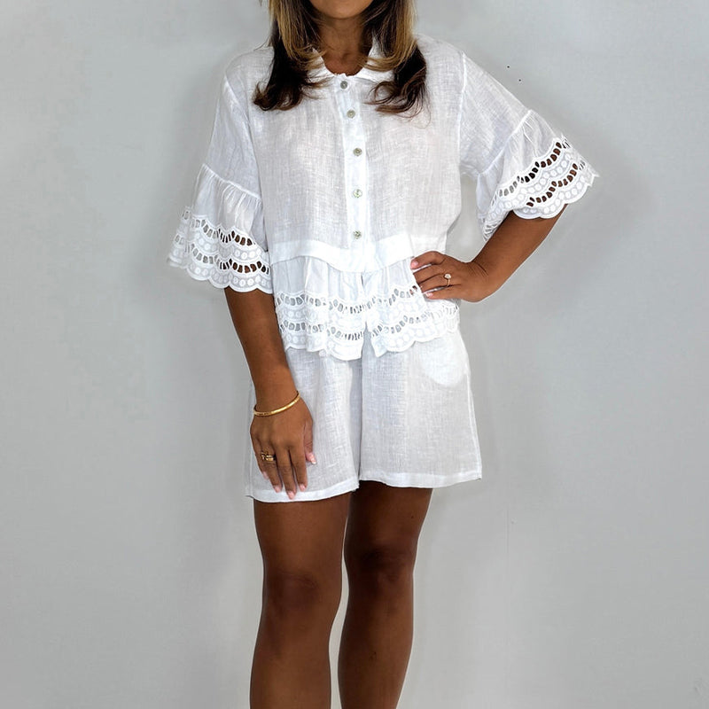 Women's Solid 3/4 Sleeves Turn-Down Collar Top with Lace Detailing & Shorts 2-Piece Set