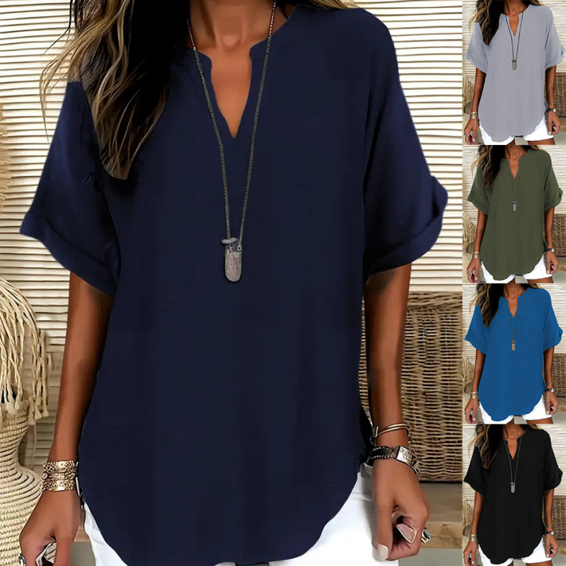 💎 60% OFF! 💎 Fashion Loose Short Sleeve Top – Notched V-Neck, Asymmetrical Hem & Lightweight Fabric (5 Colors, S–2XL) 👕🌸