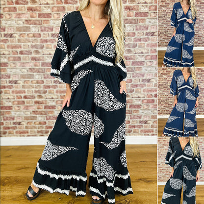 Women's Fashionable Print V-Neck Wide Leg Jumpsuit