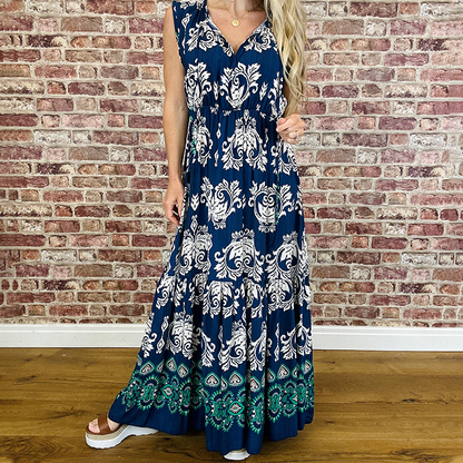 Unique Printed V-Neck Sleeveless Maxi Dress