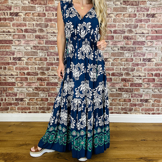 Unique Printed V-Neck Sleeveless Maxi Dress