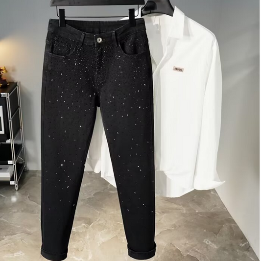 💥Christmas Sale 49% OFF👖 Rhinestone Embellished Slim-Fit Black Denim Jeans - Stretch Comfort with Sparkling Waistband for a Dazzling Look 💎🖤