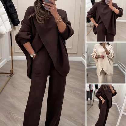 🔥 61% OFF! NEW! Women's 2-piece set – Asymmetrical sweater + wide-leg pants, relaxed fit and soft fabric, ultra comfortable 👚✨