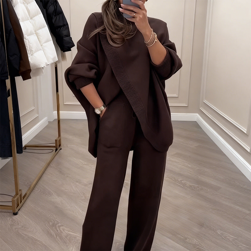 🔥 61% OFF! NEW! Women's 2-piece set – Asymmetrical sweater + wide-leg pants, relaxed fit and soft fabric, ultra comfortable 👚✨
