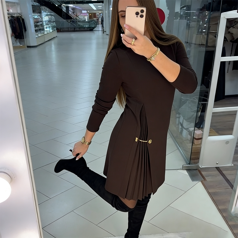 Elegant Long Sleeve Pleated Panel Dress