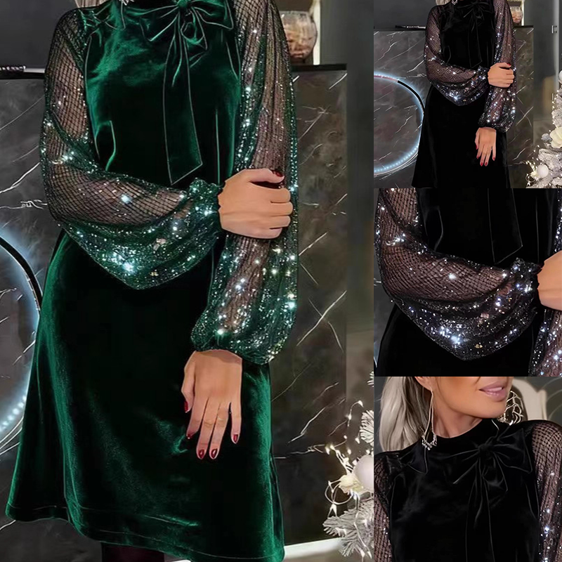 Women's Sequin Bow Tie Neck Dress✨👗