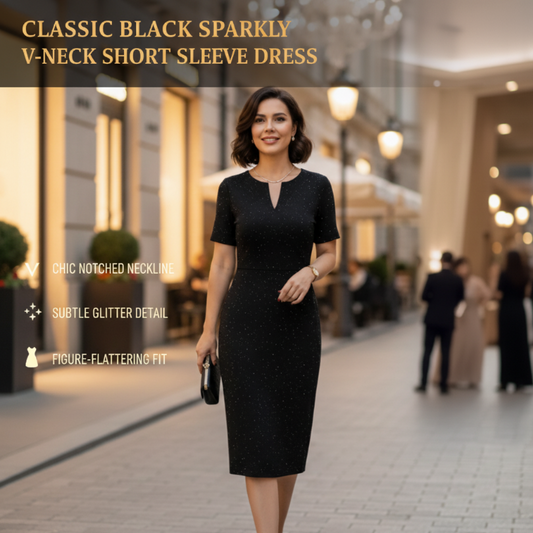 🔥Classic Black Sparkly V-Neck Short Sleeve Dress