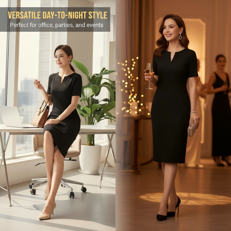 🔥Classic Black Sparkly V-Neck Short Sleeve Dress