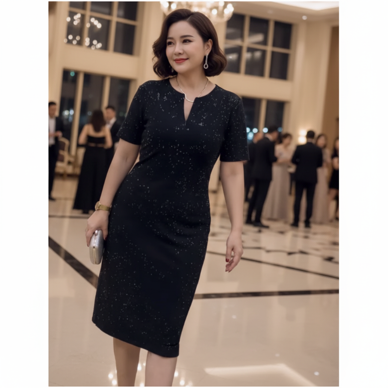 🔥Classic Black Sparkly V-Neck Short Sleeve Dress