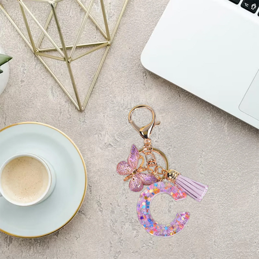 Glitter Initial Keychain with Tassel Pendant