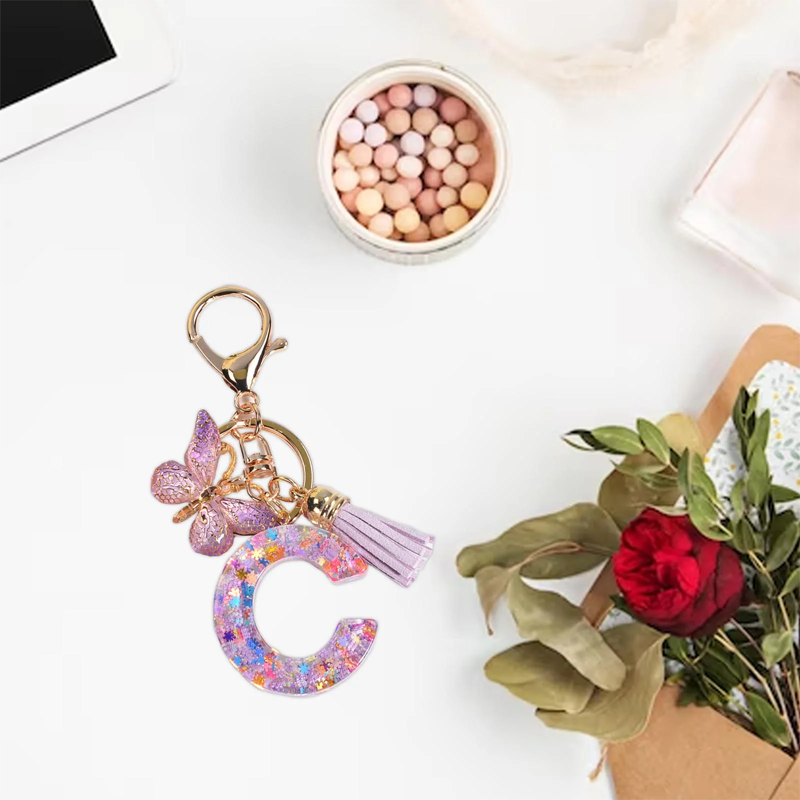 Glitter Initial Keychain with Tassel Pendant