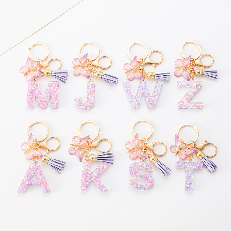 Glitter Initial Keychain with Tassel Pendant