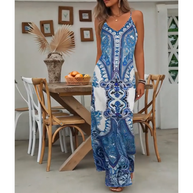 ⏳LAST DAY SALE: ONLY ￡13.99!!🎁Women’s Retro Print V-Neck Sleeveless Maxi Dress
