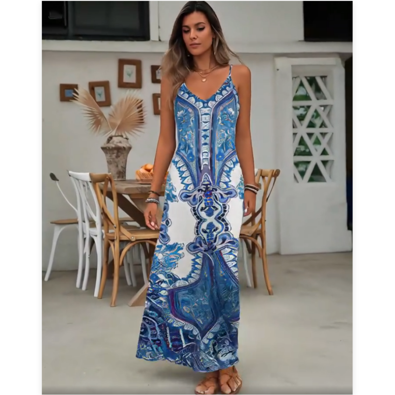 👗2026 Hot Sale✨Women’s Retro Print V-Neck Sleeveless Maxi Dress