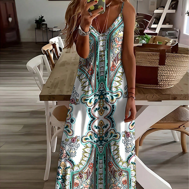 👗2026 Hot Sale✨Women’s Retro Print V-Neck Sleeveless Maxi Dress