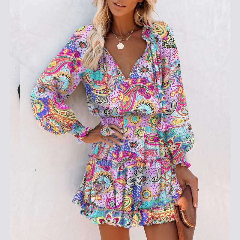 Women's V-Neck Long Sleeve Ruffle Hem Mini Dress