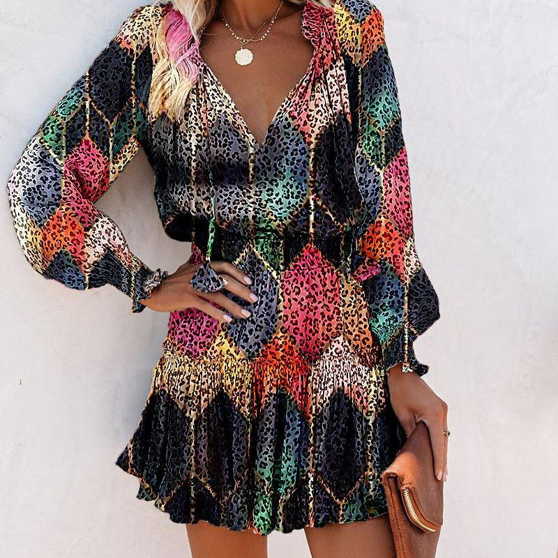 Women's V-Neck Long Sleeve Ruffle Hem Mini Dress