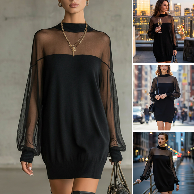 Sheer Mesh Mock Neck Mini Dress