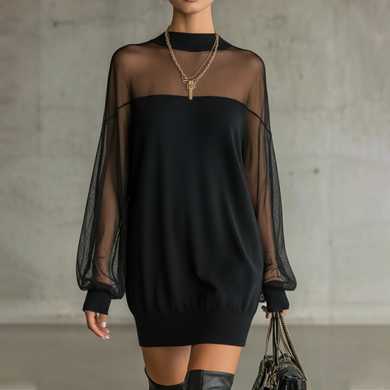 Sheer Mesh Mock Neck Mini Dress