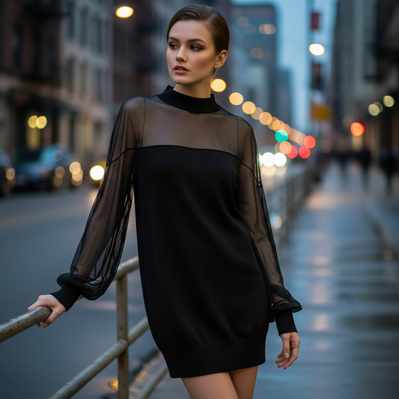 Sheer Mesh Mock Neck Mini Dress