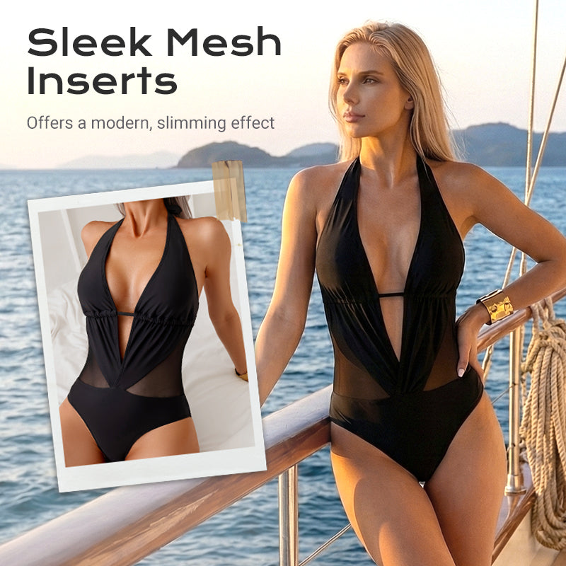 Women's V-Neck Halter Swimsuit with Mesh Panels