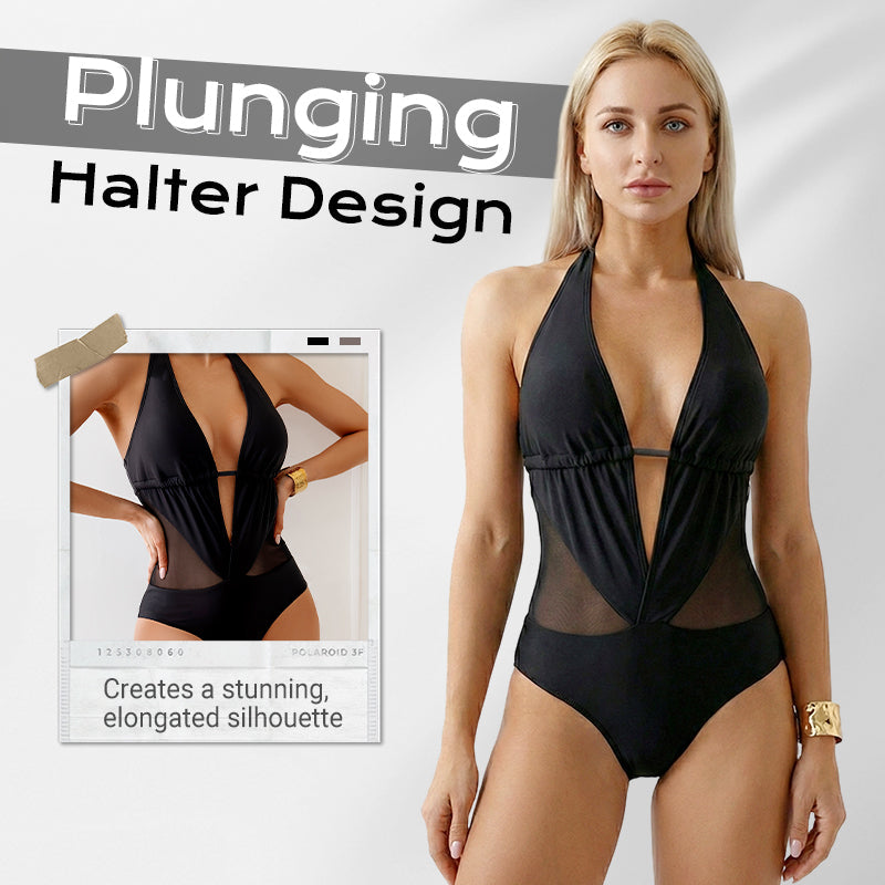 Women's V-Neck Halter Swimsuit with Mesh Panels