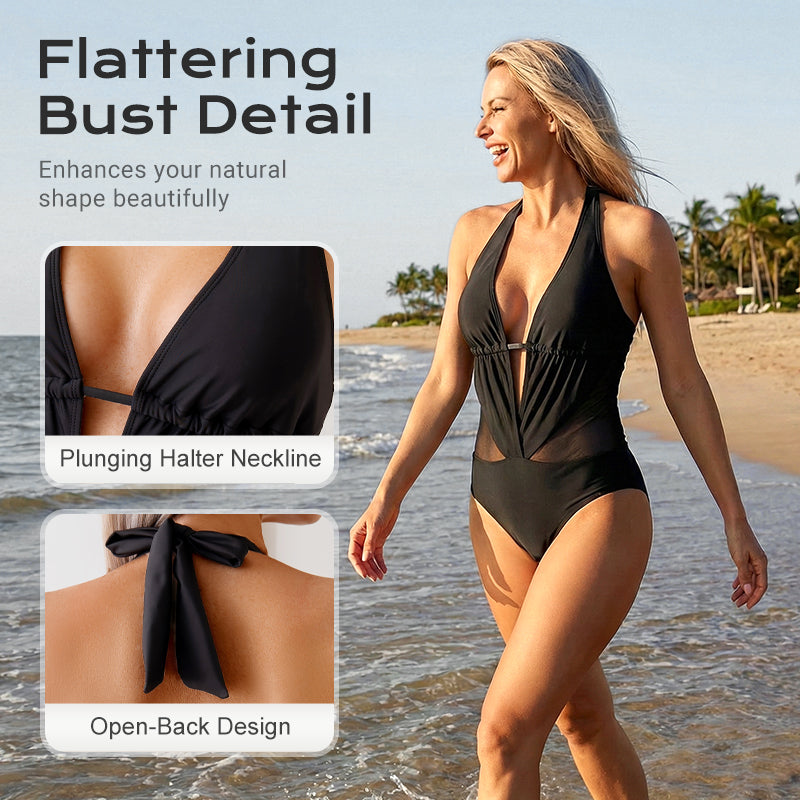 Women's V-Neck Halter Swimsuit with Mesh Panels