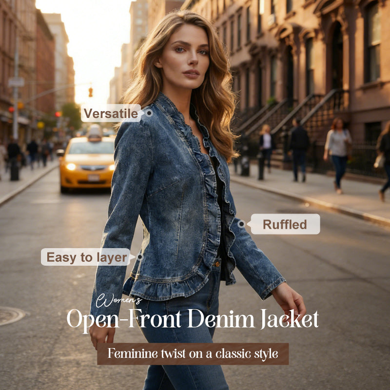 🧥 LIMITED-TIME 60% OFF! ✨ Women's Denim Jacket – Open-Front, Ruffle Trim, Lightweight, Classic Wash