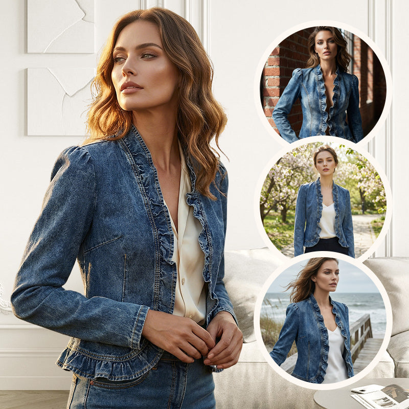 🧥 LIMITED-TIME 60% OFF! ✨ Women's Denim Jacket – Open-Front, Ruffle Trim, Lightweight, Classic Wash