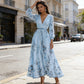 Elegant V-Neck Floral Pleated Maxi Dress