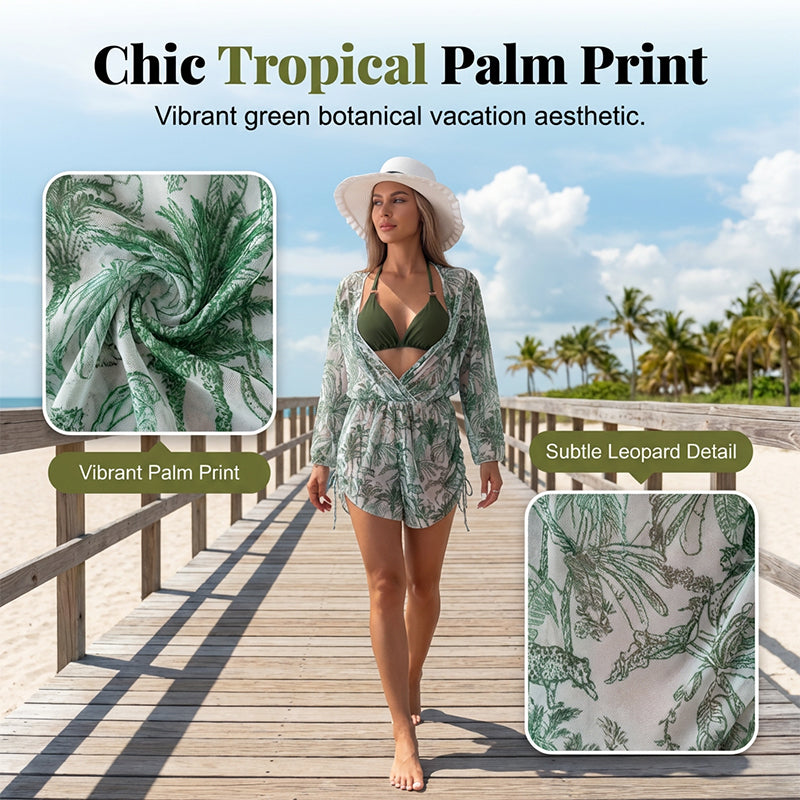 3-Piece Bikini Set with Sheer Romper Cover-Up