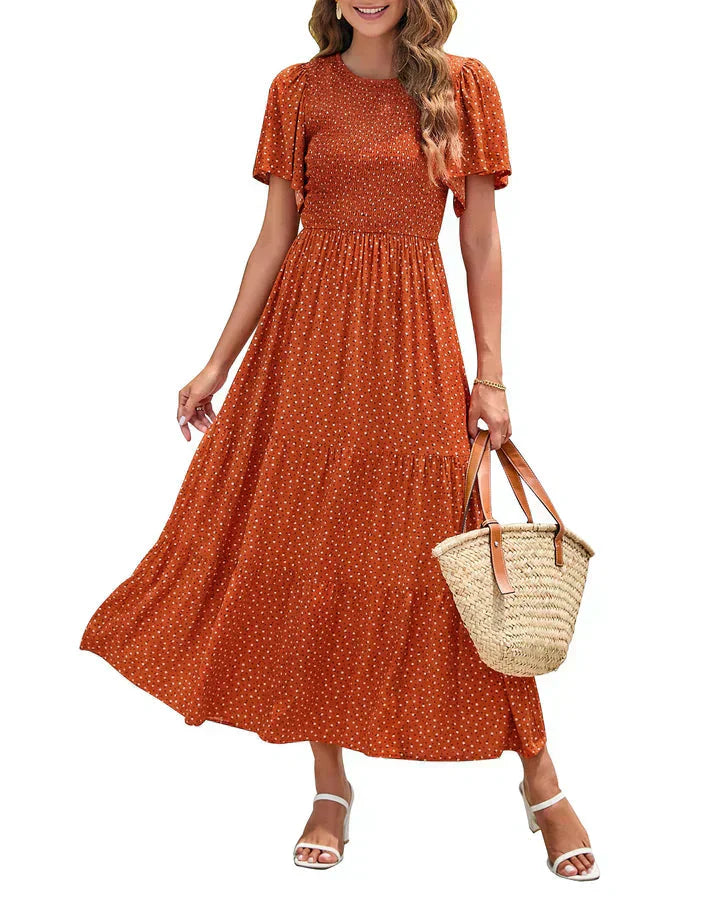 ⏳Limited-time 50% discount!!💞2026 Women's Casual Floral Print Short Flutter Sleeve Smocked High Waist Flowy Maxi Dress