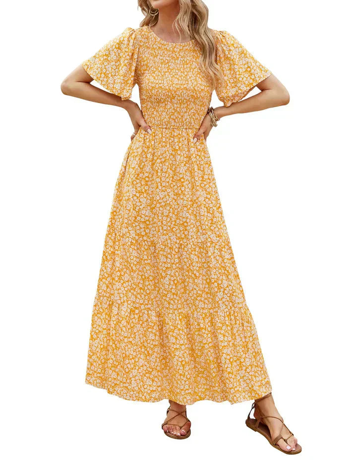 ⏳Limited-time 50% discount!!💞2026 Women's Casual Floral Print Short Flutter Sleeve Smocked High Waist Flowy Maxi Dress