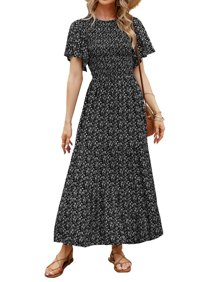 ⏳Limited-time 50% discount!!💞2026 Women's Casual Floral Print Short Flutter Sleeve Smocked High Waist Flowy Maxi Dress