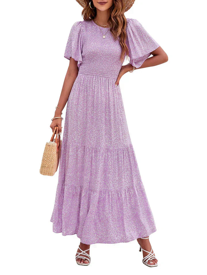⏳Limited-time 50% discount!!💞2026 Women's Casual Floral Print Short Flutter Sleeve Smocked High Waist Flowy Maxi Dress