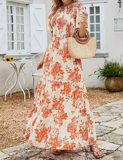 ⏳Limited-time 50% discount!!💞2026 Women's Casual Floral Print Short Flutter Sleeve Smocked High Waist Flowy Maxi Dress