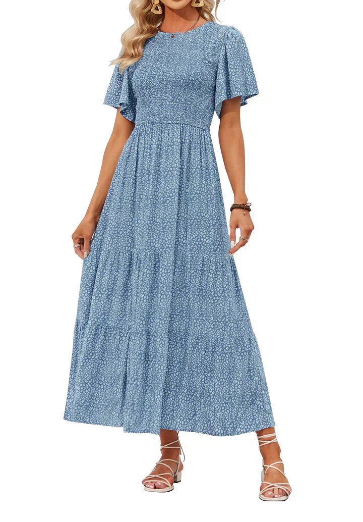 ⏳Limited-time 50% discount!!💞2026 Women's Casual Floral Print Short Flutter Sleeve Smocked High Waist Flowy Maxi Dress