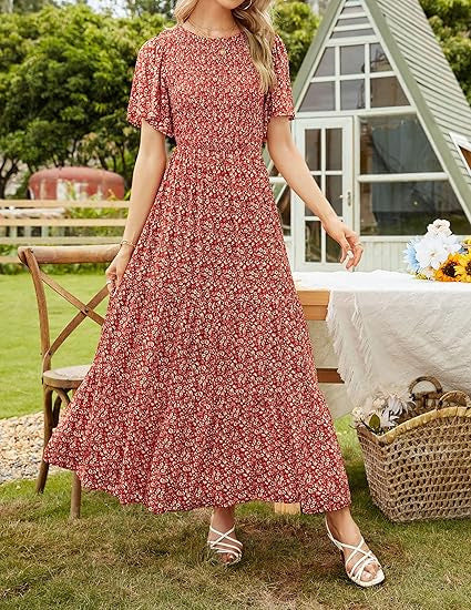 ⏳Limited-time 50% discount!!💞2026 Women's Casual Floral Print Short Flutter Sleeve Smocked High Waist Flowy Maxi Dress