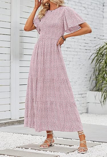 ⏳Limited-time 50% discount!!💞2026 Women's Casual Floral Print Short Flutter Sleeve Smocked High Waist Flowy Maxi Dress