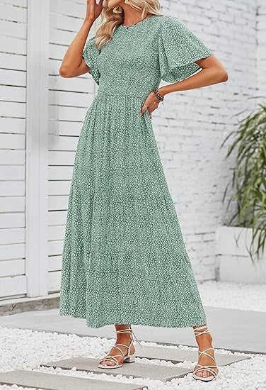 ⏳Limited-time 50% discount!!💞2026 Women's Casual Floral Print Short Flutter Sleeve Smocked High Waist Flowy Maxi Dress