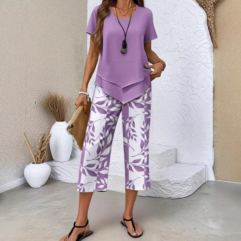 🥳SUMMER HOT SALE🥳💞50K+ SOLD!💥50% OFF! 🔥Casual Round Neck Layered Tunic Top and Wide Leg Pants Set