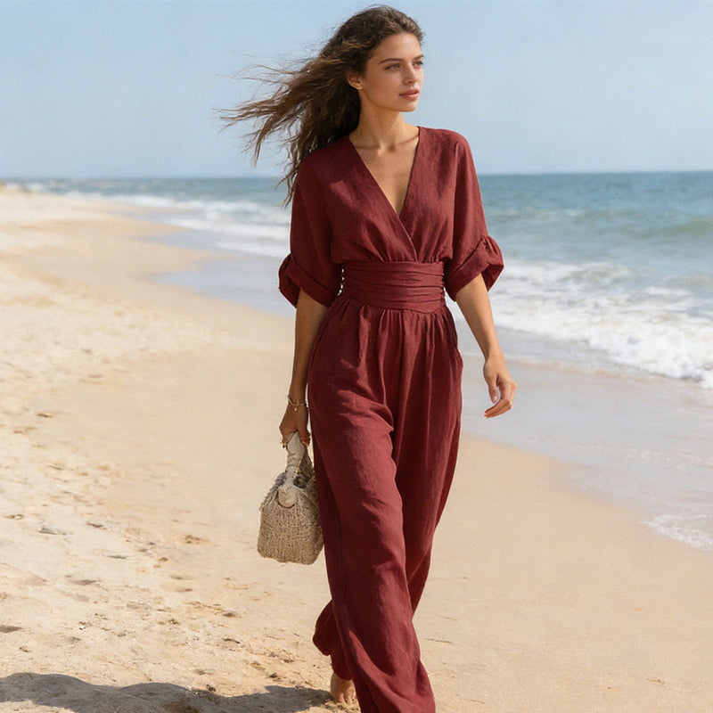 👗 60% OFF NOW! ✨ Elegant V-Neck Wide-Leg Jumpsuit – Flattering Waist Sash, Soft Breathable Fabric & Relaxed Fit 🦋