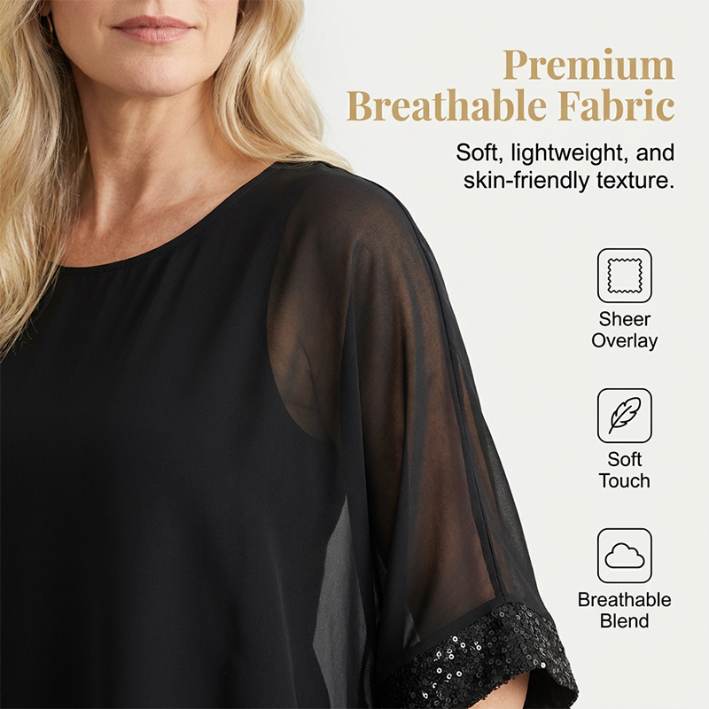 🌟 LIMITED-TIME 50% OFF! 👚 Women's Casual Round Neck Top with Sequin Trim – Sparkling, Relaxed Fit, Versatile 🎀